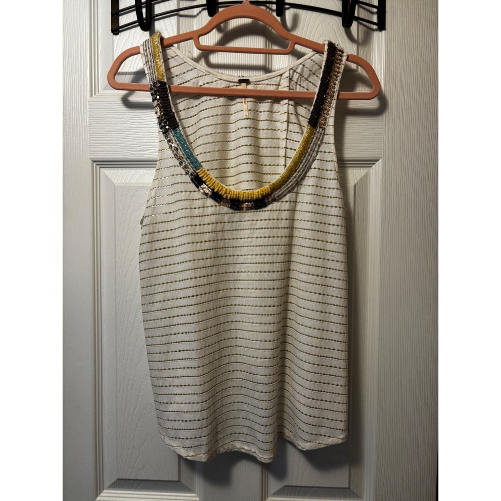 Free People Ivory Beaded Sequin Embellished Tulip Back Tank Top Large Metallic
